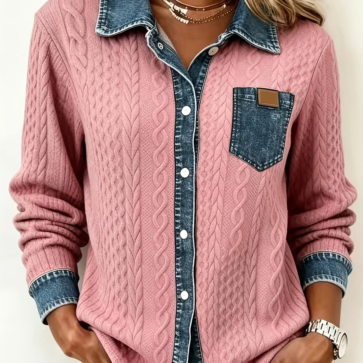 Women's Cable-Knit Cardigan - Contrast Collar Button-Front Knitwear