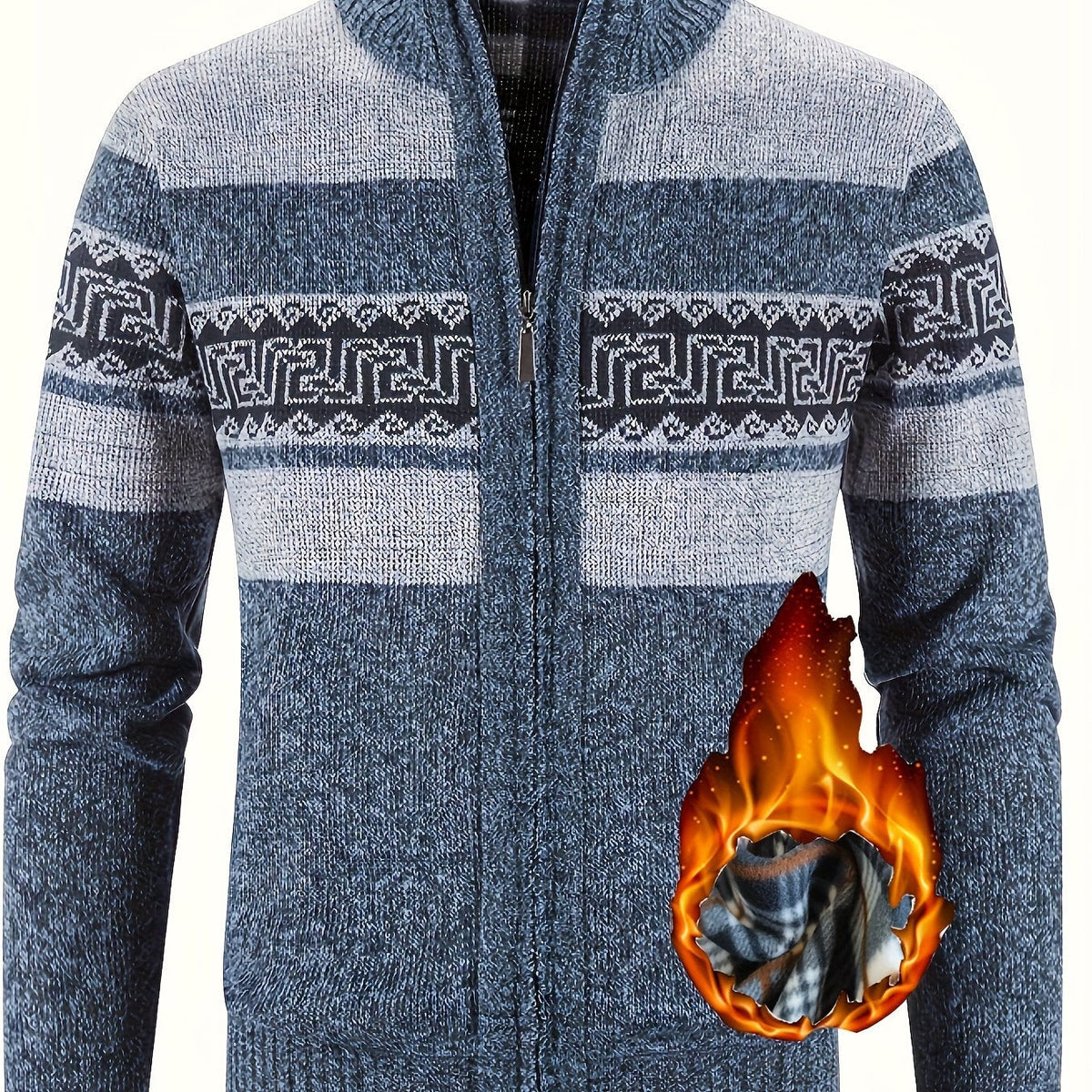Men's Patterned Cardigan - Full-Zip Stand-Collar Knitwear