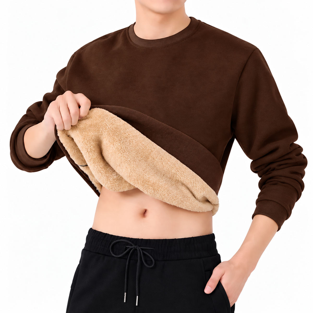 Men's Fleece Sweatshirt- Crew Neck and Ribbed Trim