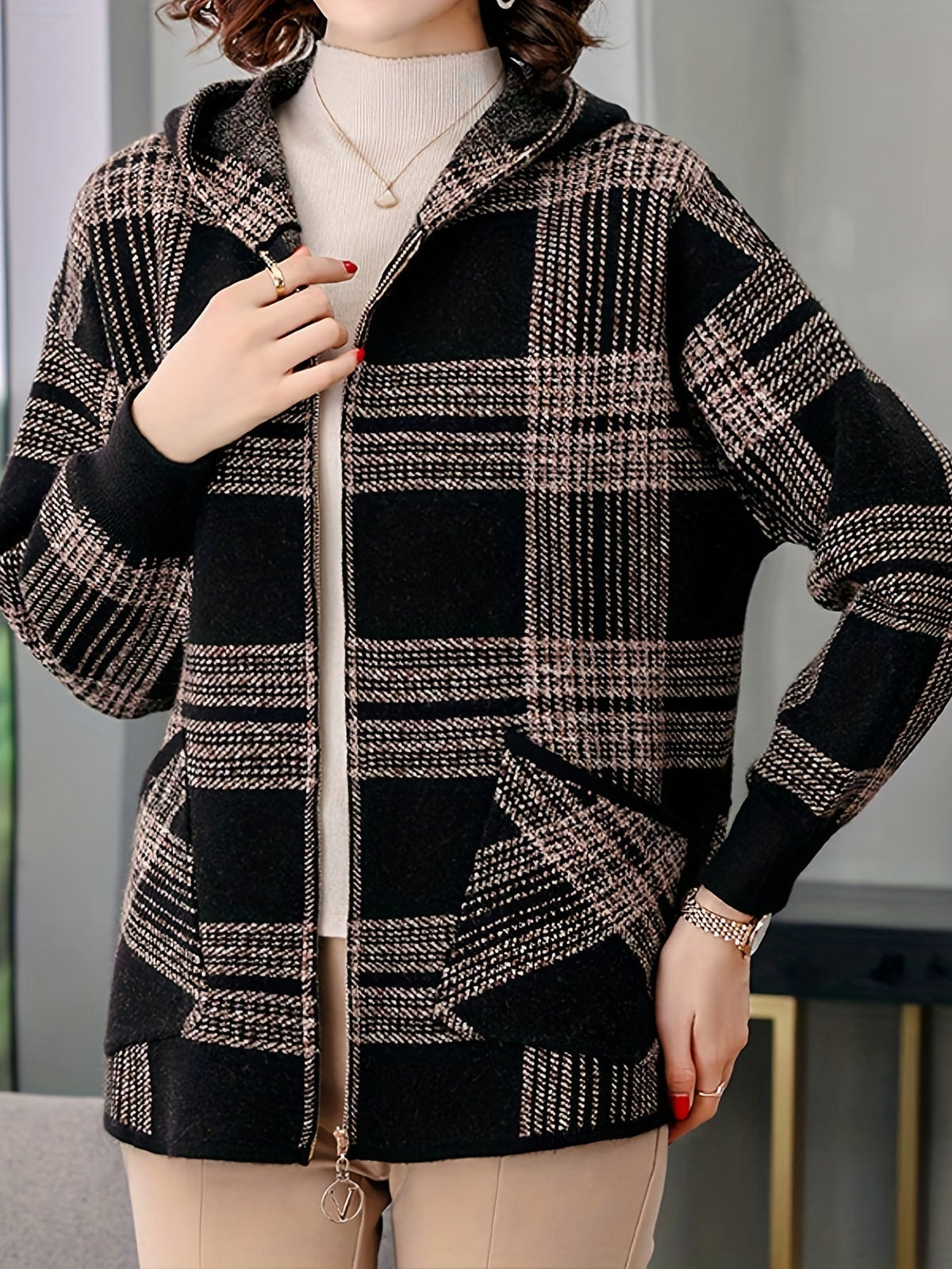 Women's Checked Hooded Jacket - Zip-Up Outerwear