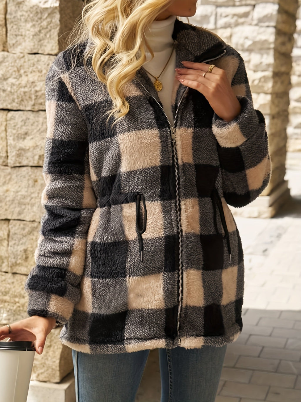 Women's Checked Hooded Jacket - Longline Zip-Up Outerwear