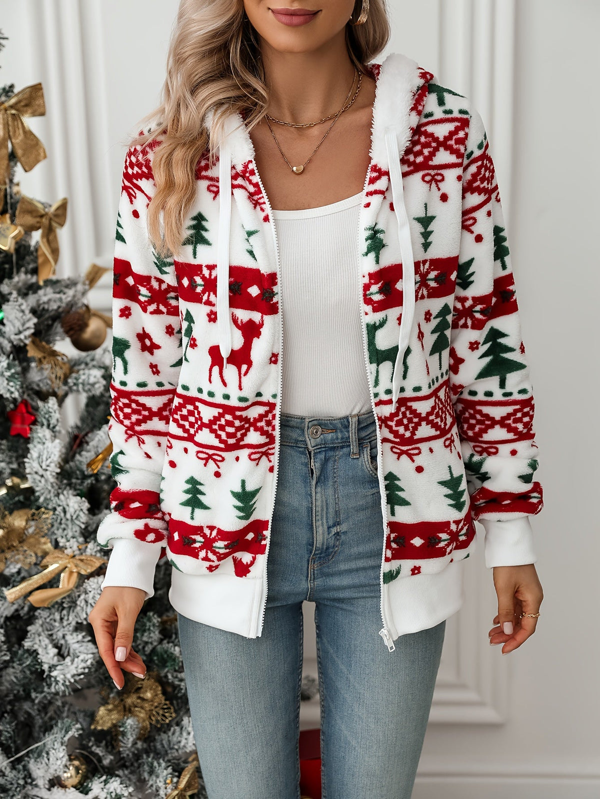 Women's Christmas Hooded Cardigan - Zip Front