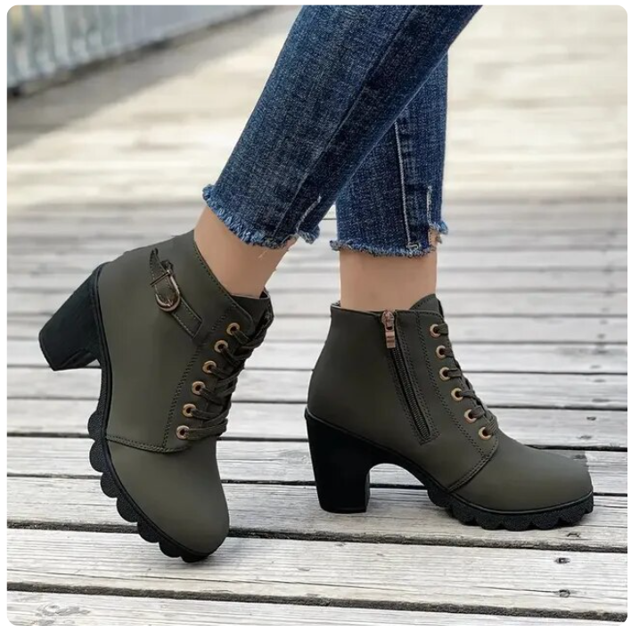 Women's Lace-Up Ankle Boots- Block Heel and Side Zip