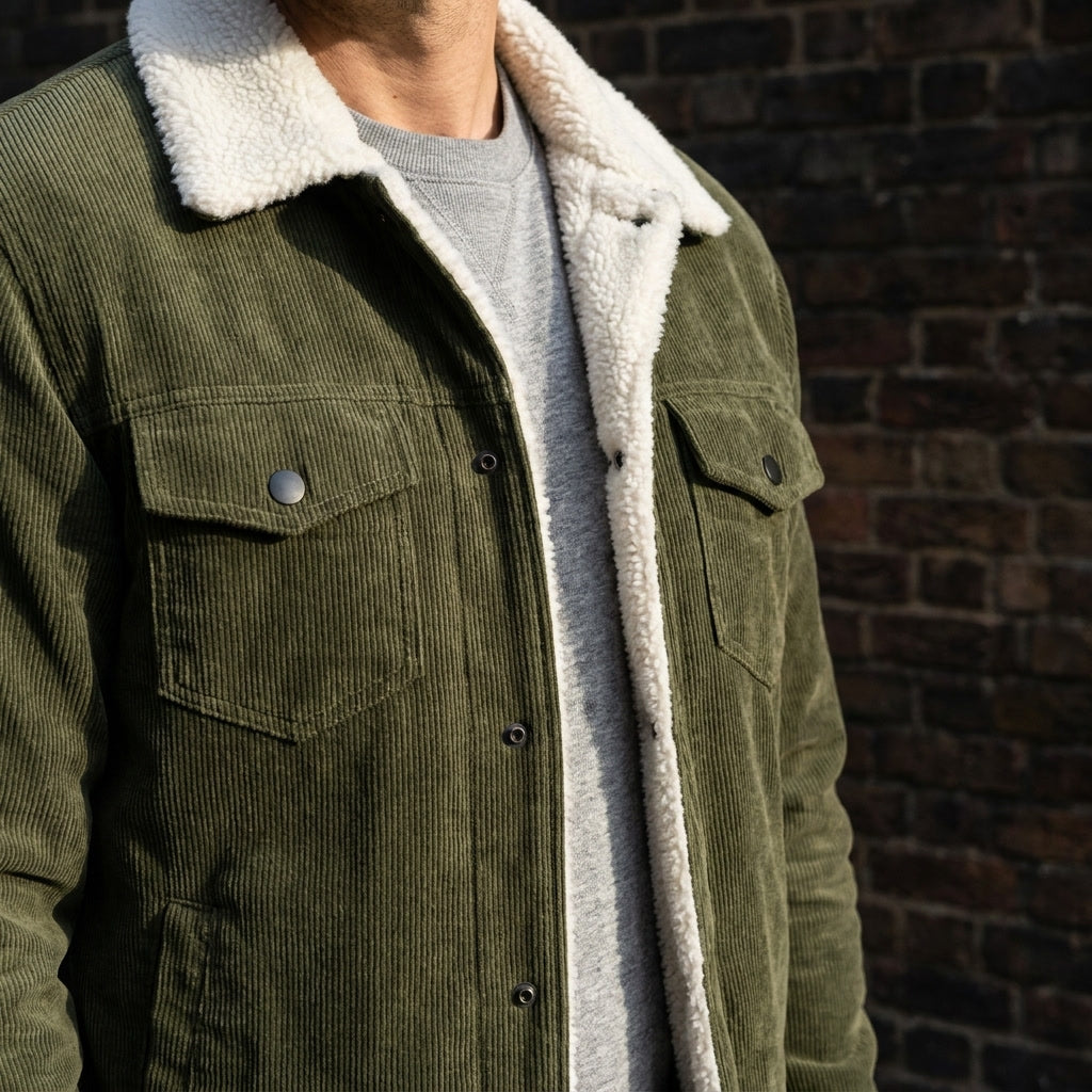 Men's Corduroy Jacket- Fleece Lining and Button Front