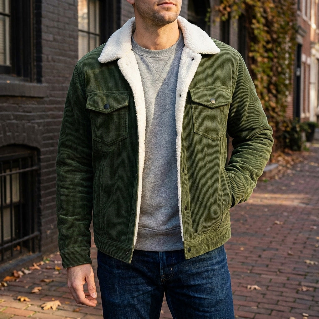 Men's Corduroy Jacket- Fleece Lining and Button Front