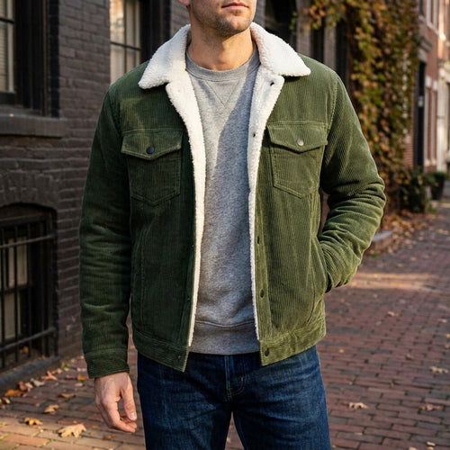 Men's Corduroy Jacket- Fleece Lining and Button Front