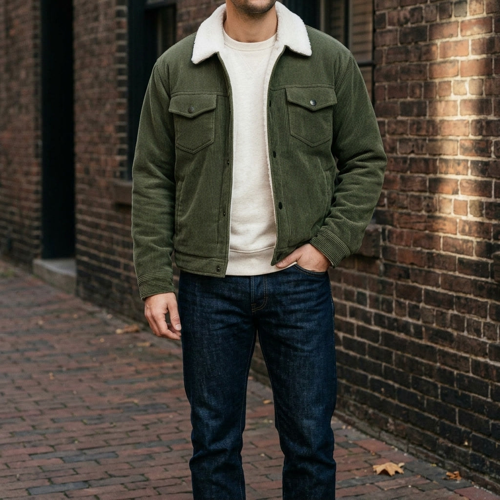 Men's Corduroy Jacket- Fleece Lining and Button Front