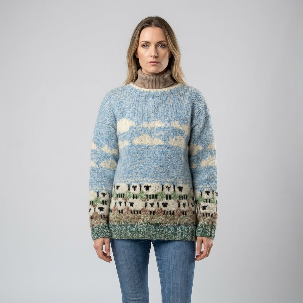 Women's Sheep Motif Knit Pullover with Round Neckline