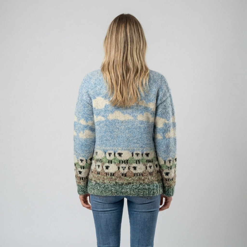 Women's Sheep Motif Knit Pullover with Round Neckline
