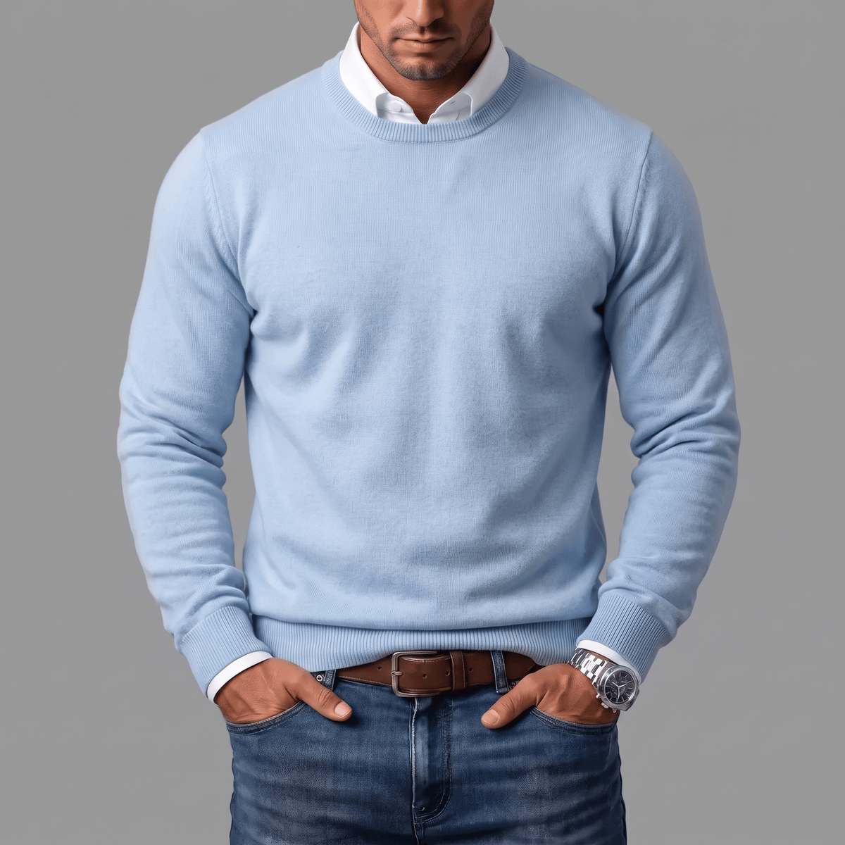 Men's Crew-Neck Jumper- Ribbed Trim and Knit Finish