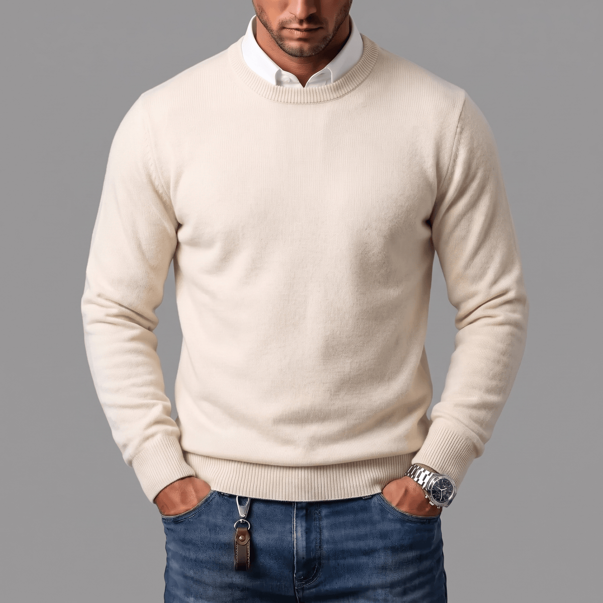 Men's Crew-Neck Jumper- Ribbed Trim and Knit Finish