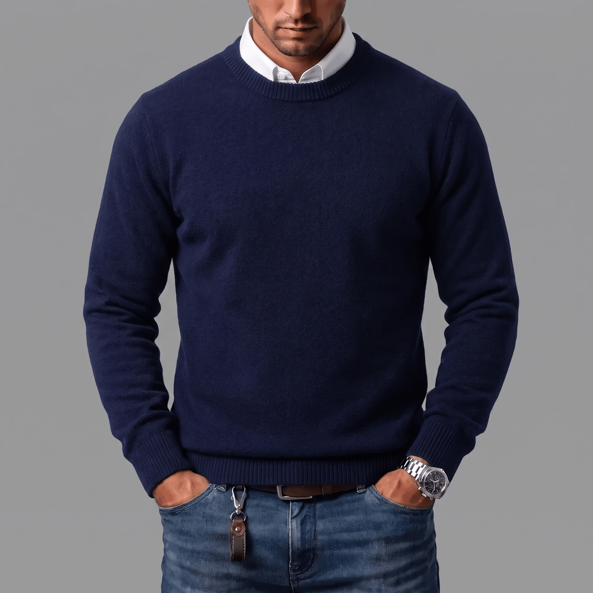 Men's Crew-Neck Jumper- Ribbed Trim and Knit Finish