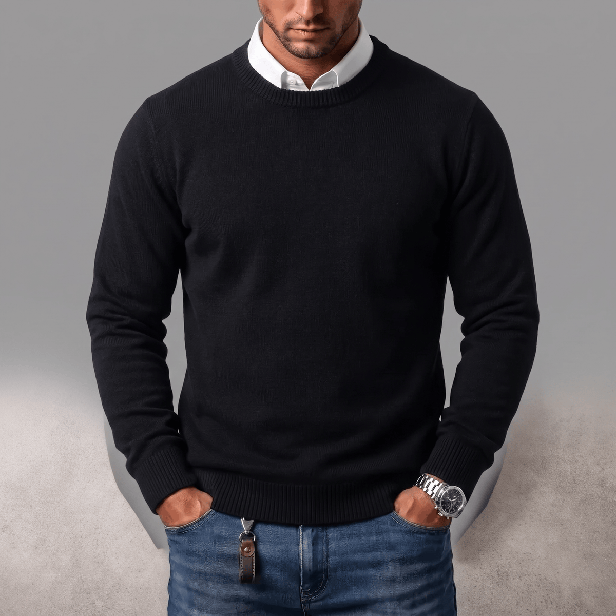 Men's Crew-Neck Jumper- Ribbed Trim and Knit Finish