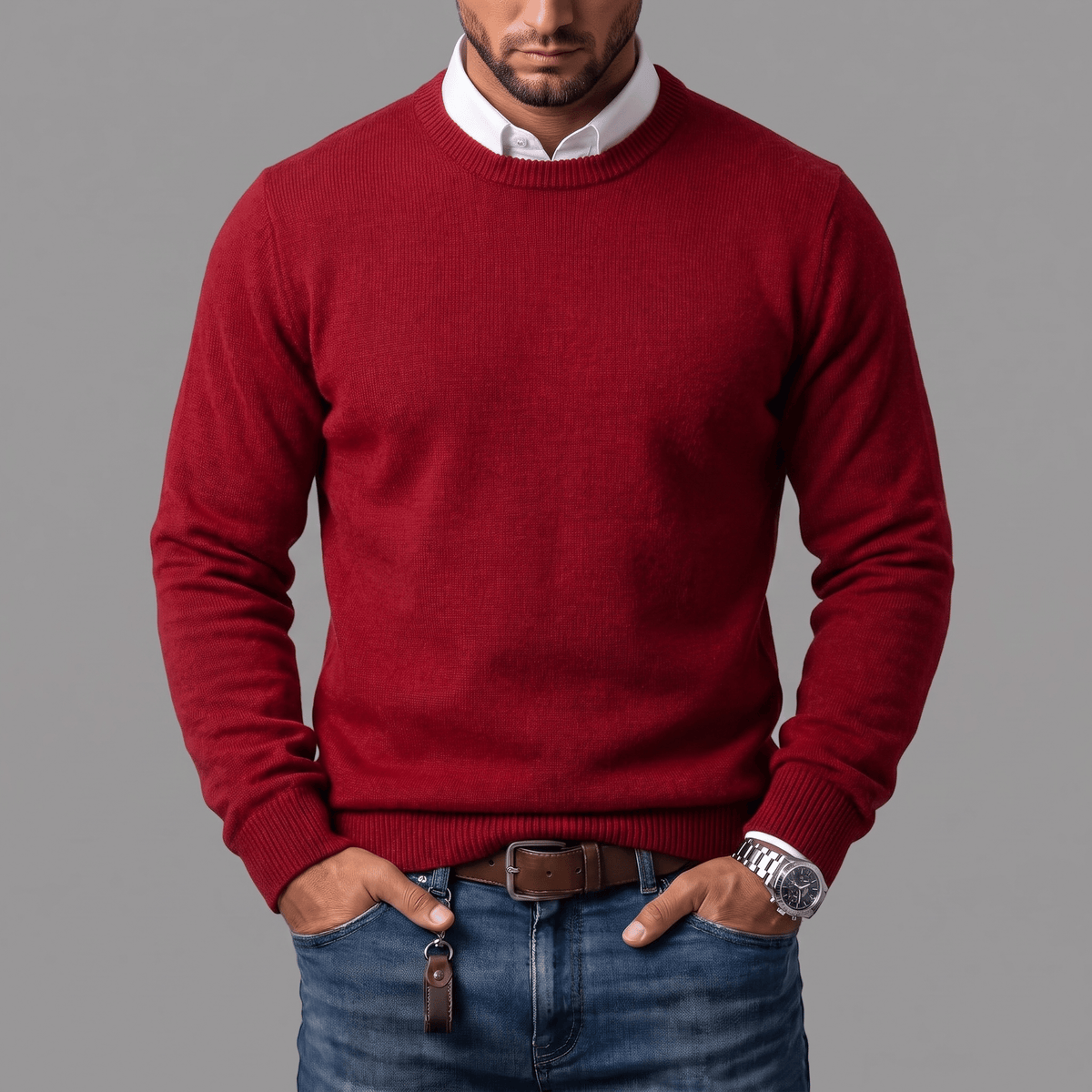 Men's Crew-Neck Jumper- Ribbed Trim and Knit Finish