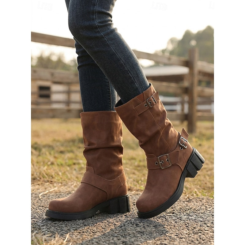 Women's Buckle Biker Boots - Mid-Calf Lug Sole Boots
