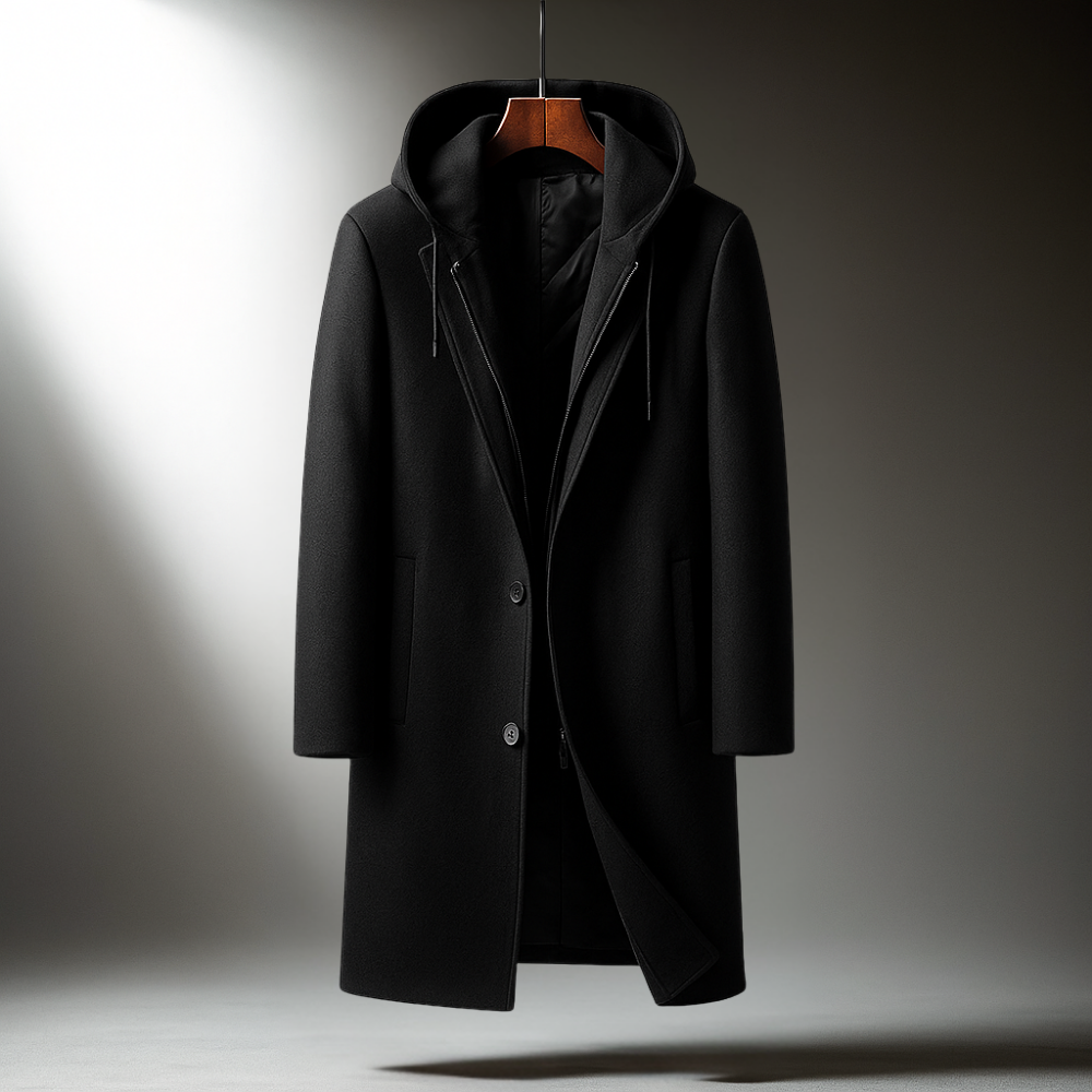 Men's Hooded Wool-Blend Overcoat- Longline Button Front