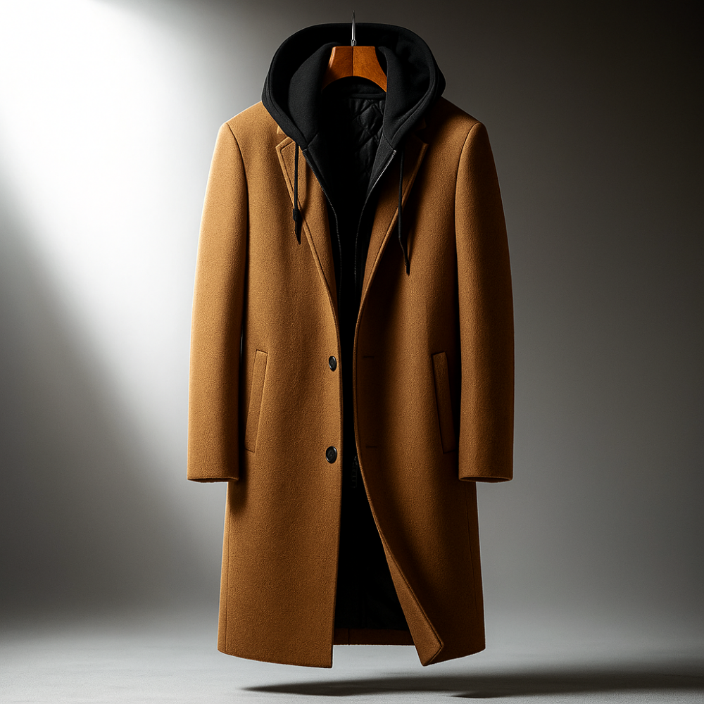 Men's Hooded Wool-Blend Overcoat- Longline Button Front