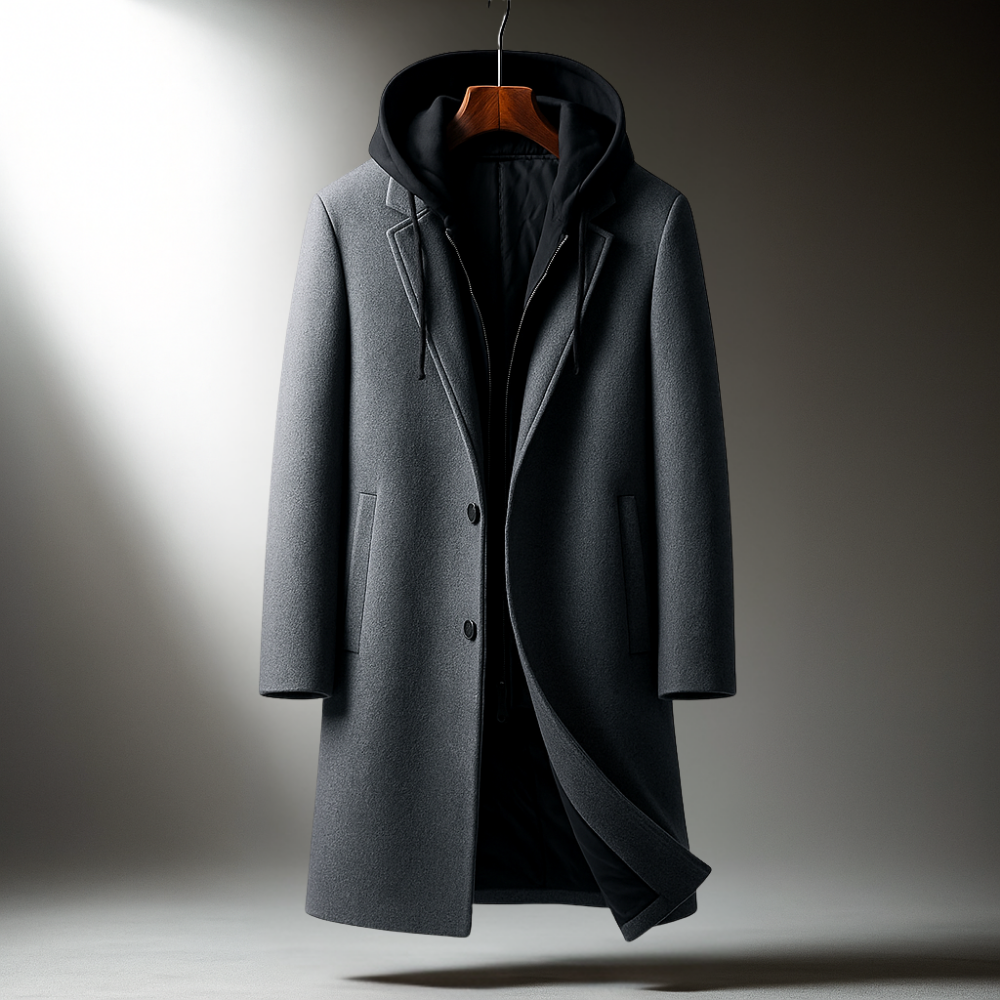 Men's Hooded Wool-Blend Overcoat- Longline Button Front