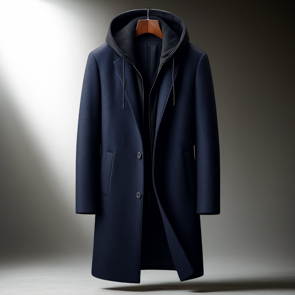 Men's Hooded Wool-Blend Overcoat- Longline Button Front