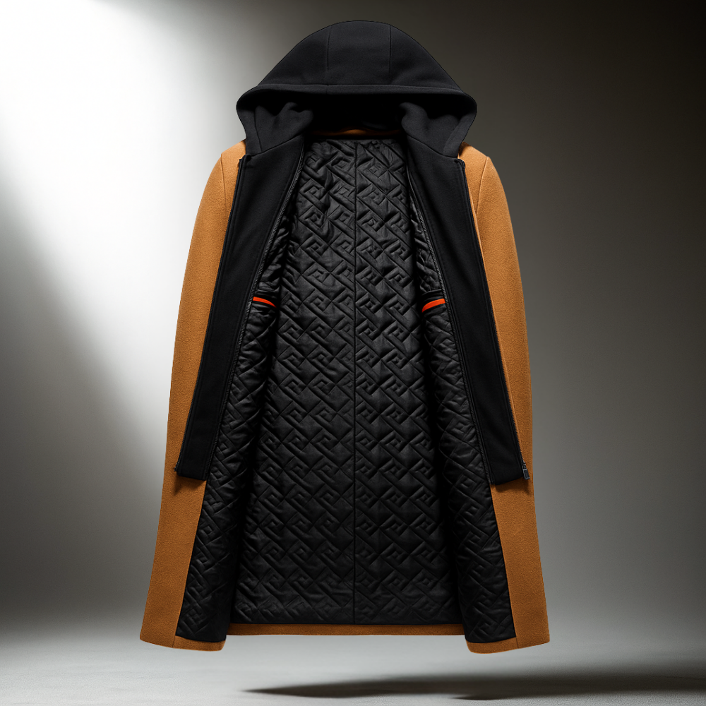 Men's Hooded Wool-Blend Overcoat- Longline Button Front