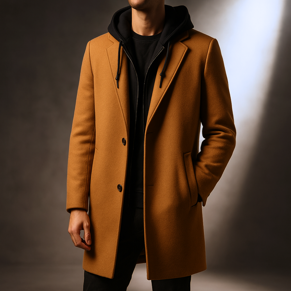 Men's Hooded Wool-Blend Overcoat- Longline Button Front
