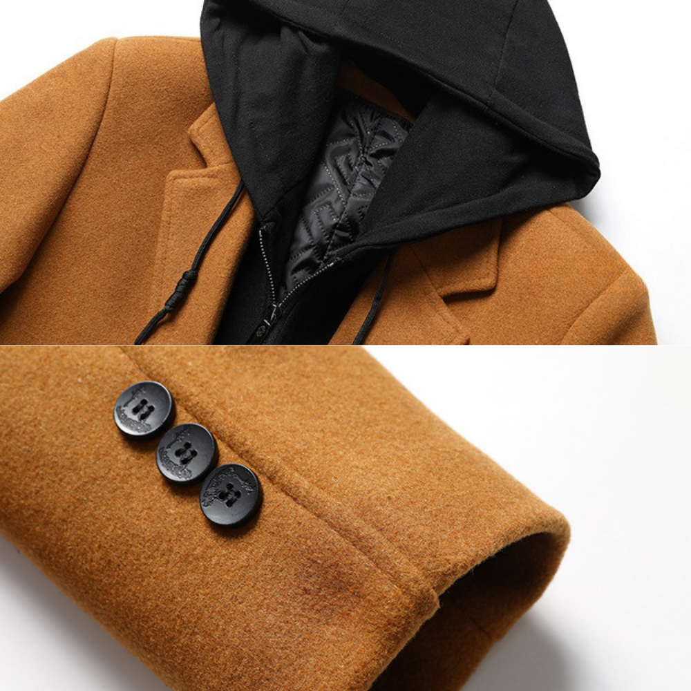 Men's Hooded Wool-Blend Overcoat- Longline Button Front