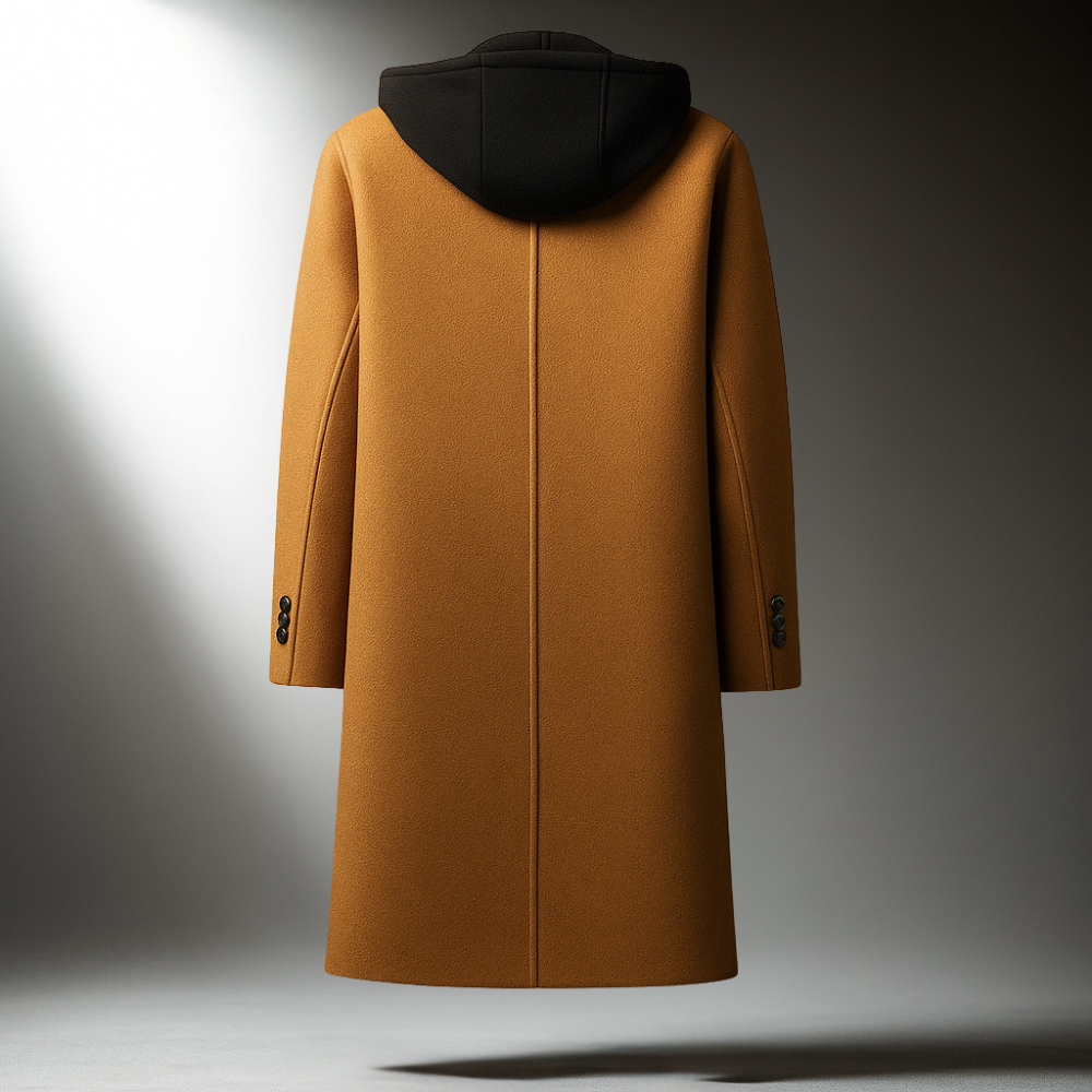 Men's Hooded Wool-Blend Overcoat- Longline Button Front