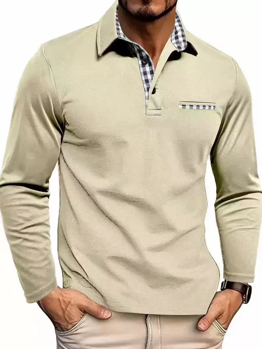 Men's Long-Sleeve Polo Shirt - Contrast-Collar Top