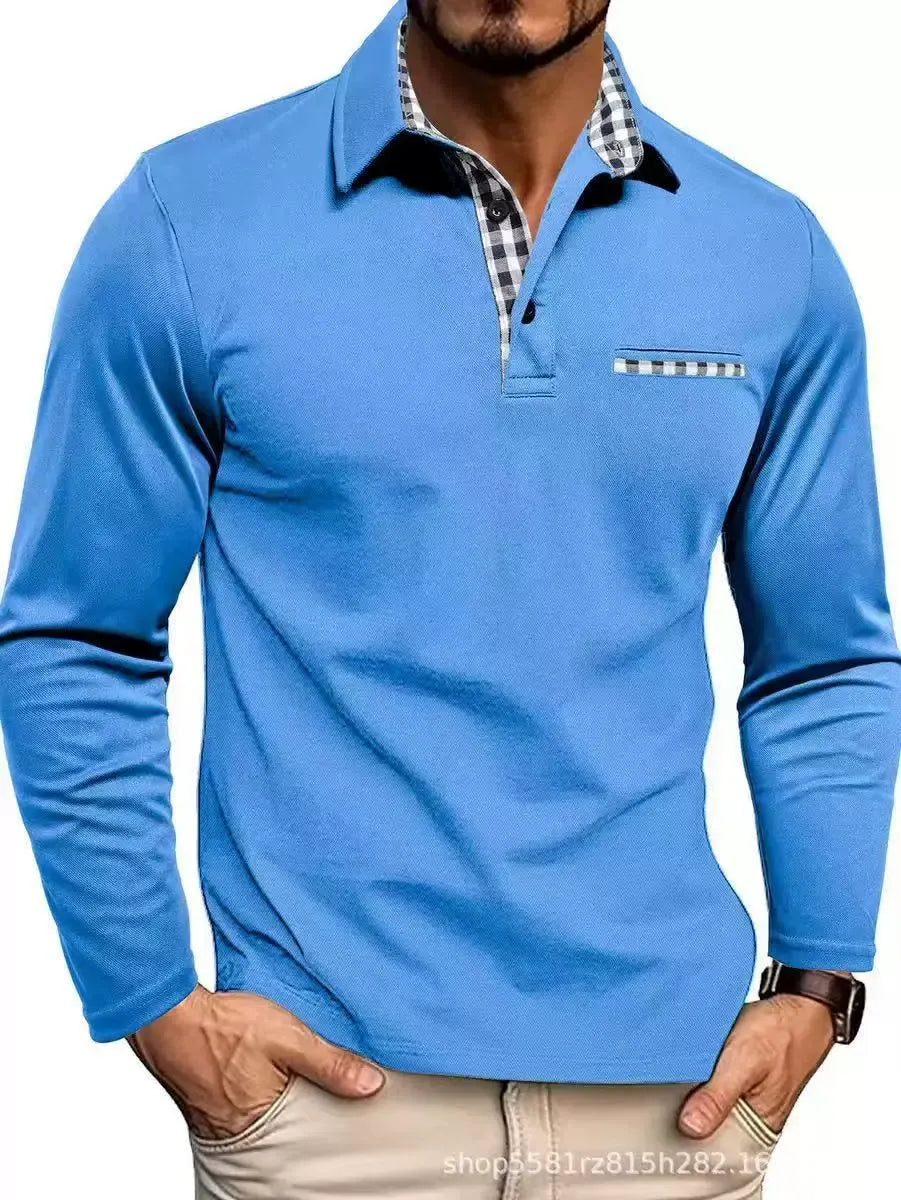 Men's Long-Sleeve Polo Shirt - Contrast-Collar Top