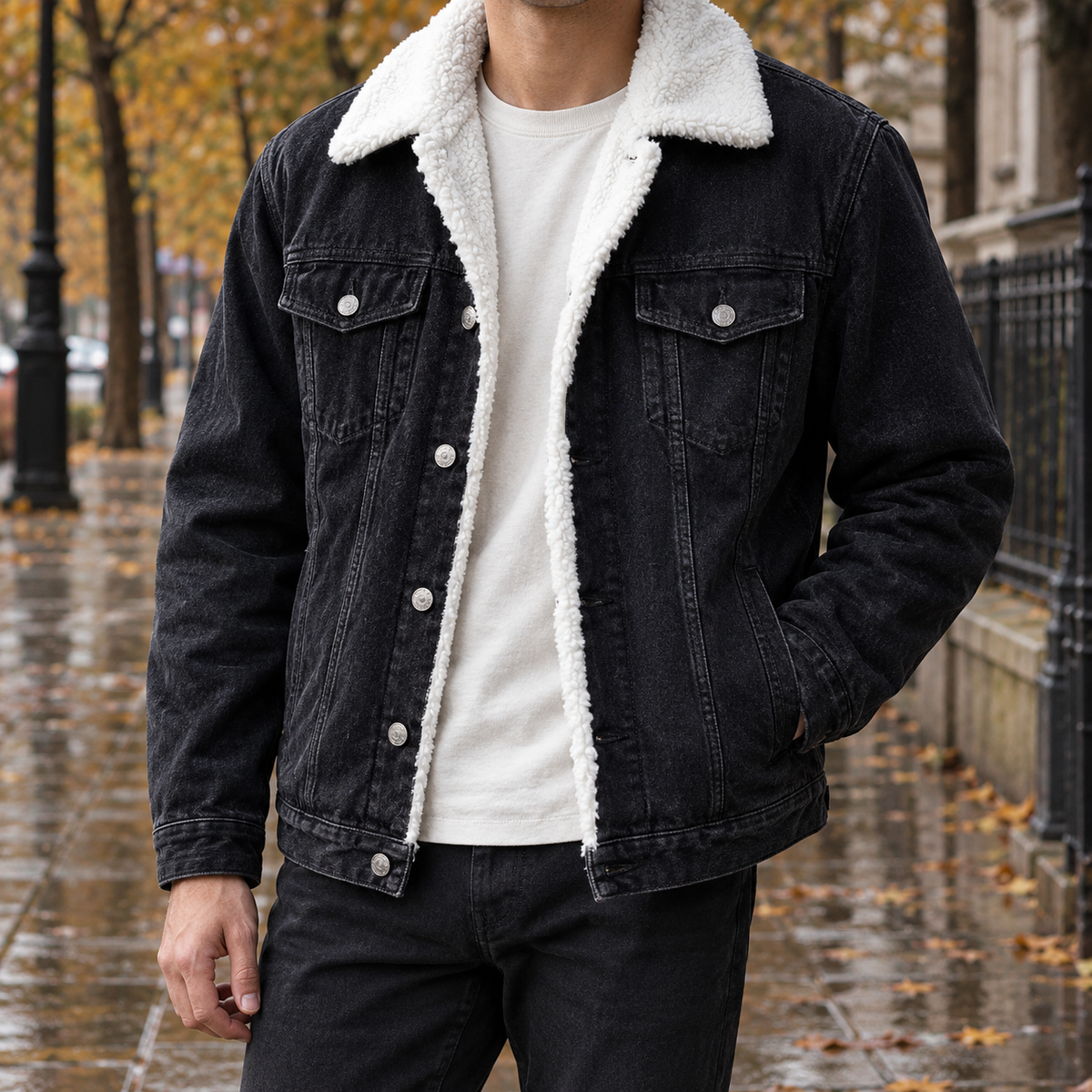 Men's Denim Jacket - Pile-Lined Button-Front Outerwear