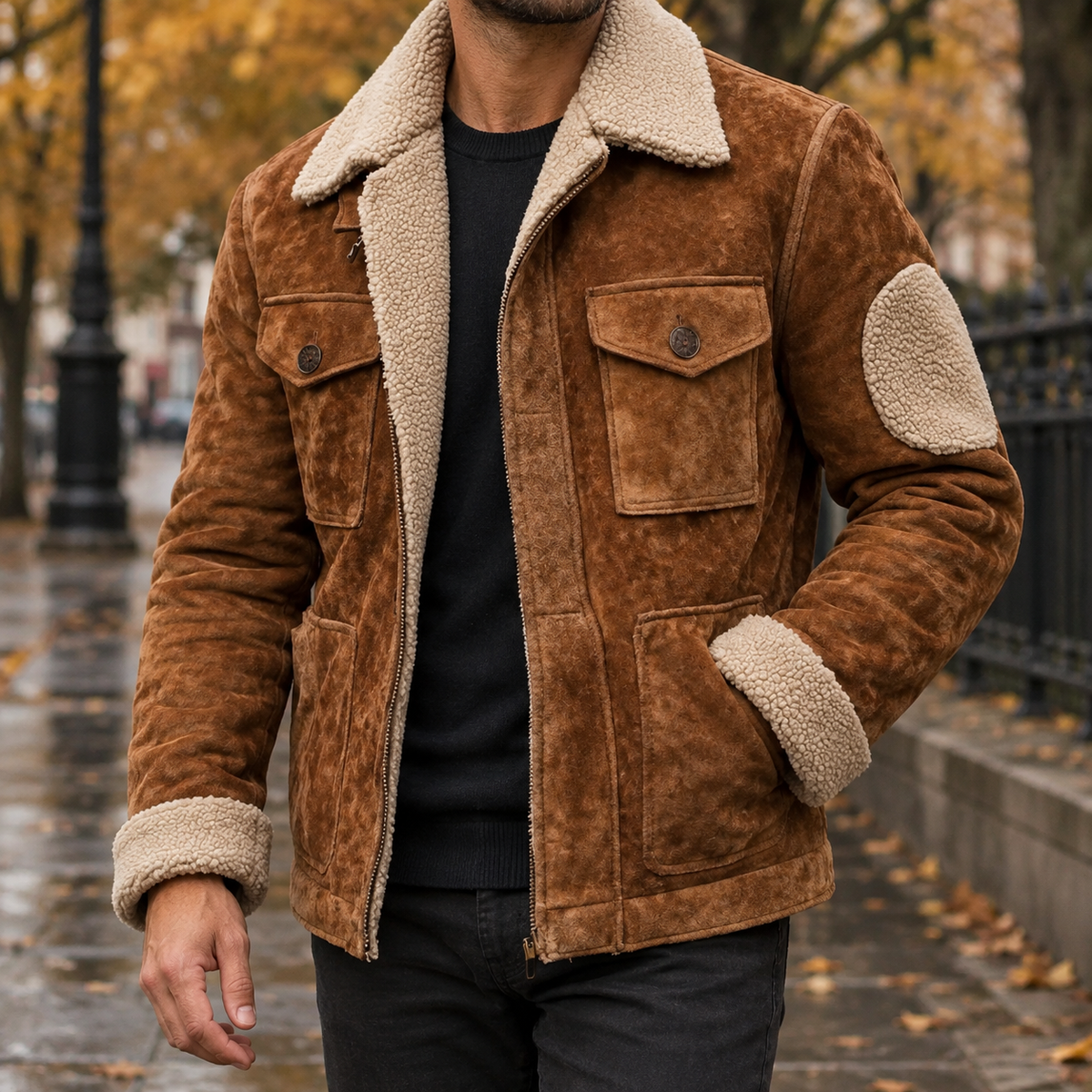 Men's Utility Jacket- Contrast-Collar Multi-Pocket Outerwear