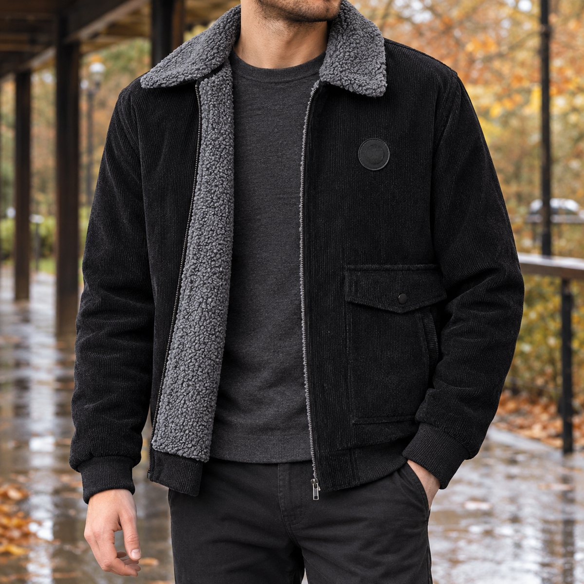 Men's Pile-Lined Jacket - Zip-Up Ribbed Outerwear