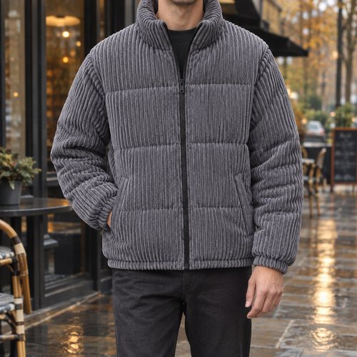 Men's Corduroy Jacket- High-Collar Zip-Up Outerwear