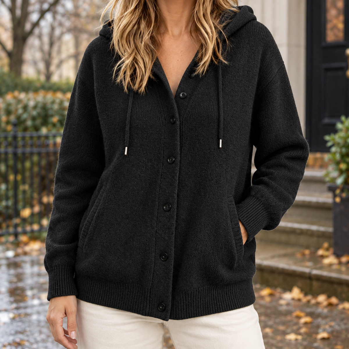 Women's Hooded Cardigan - Button-Front Knit Layer