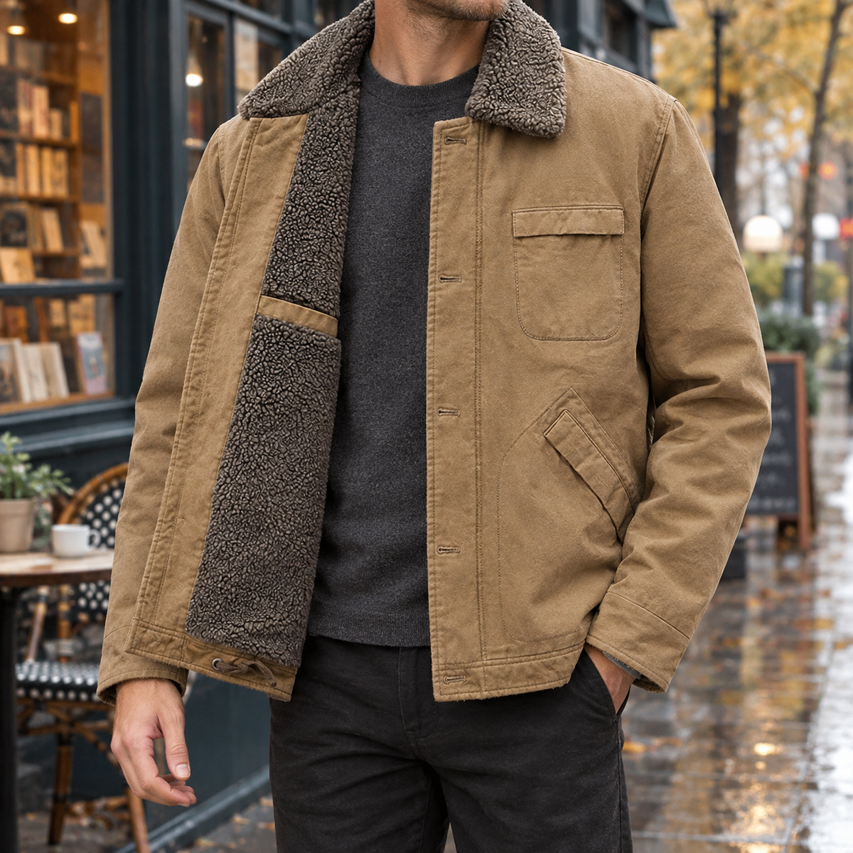 Men's Pile-Lined Jacket - Button-Front Multi-Pocket Outerwear