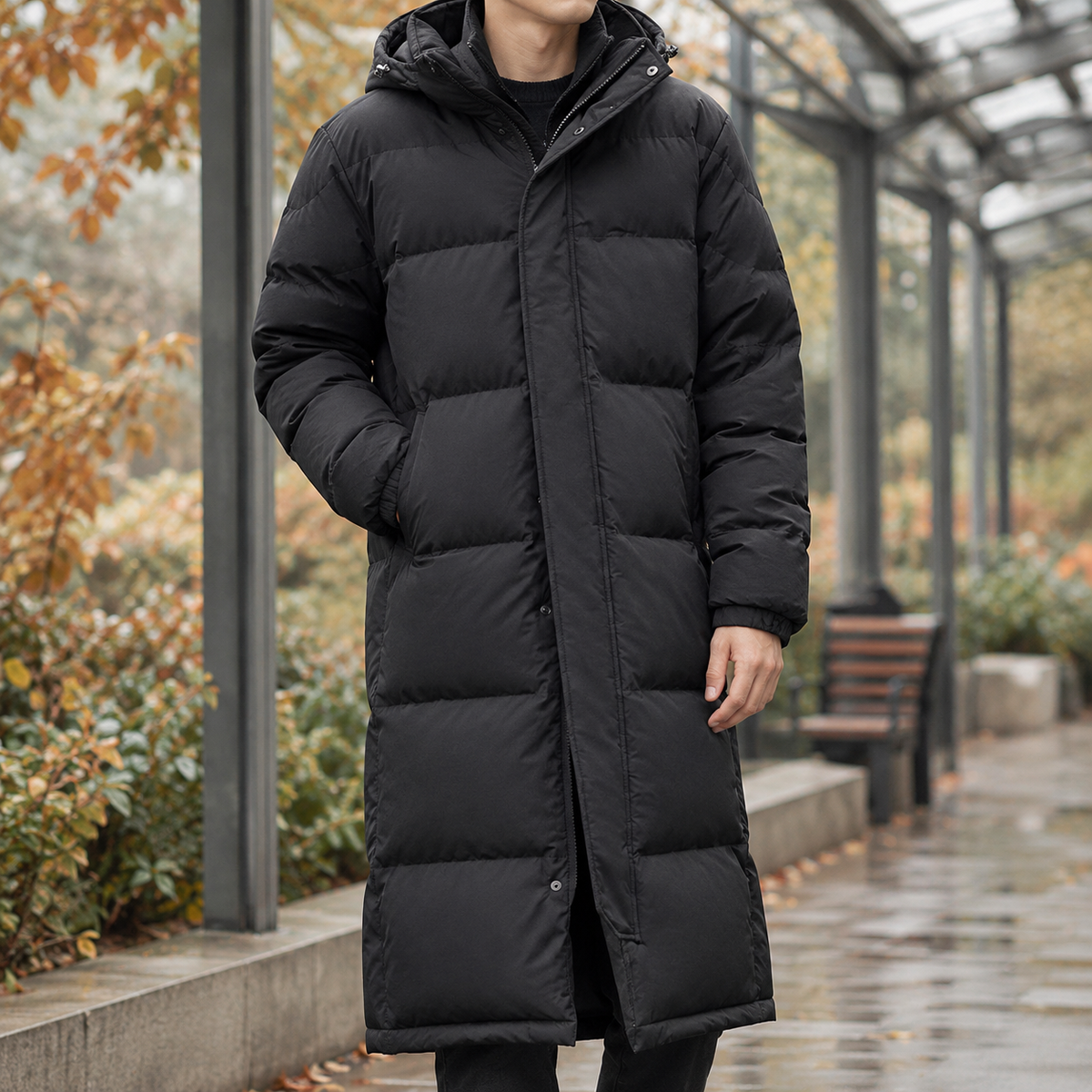 Men's Long Quilted Coat- Hooded Zip-Up Outerwear