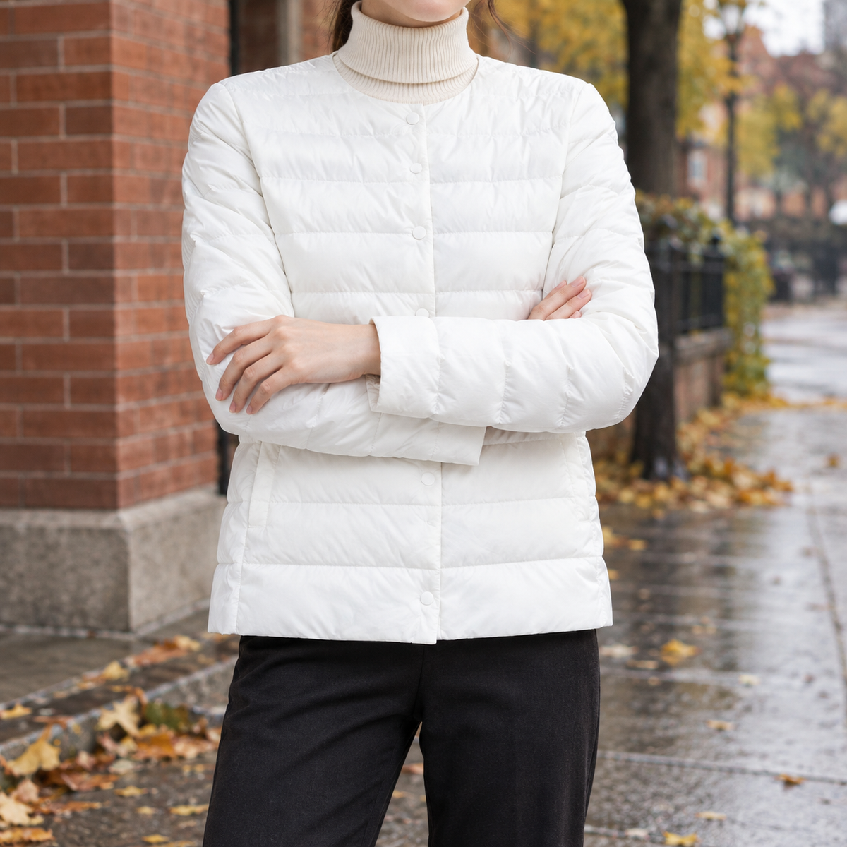 Women's Collarless Quilted Jacket - Snap-Front Outerwear