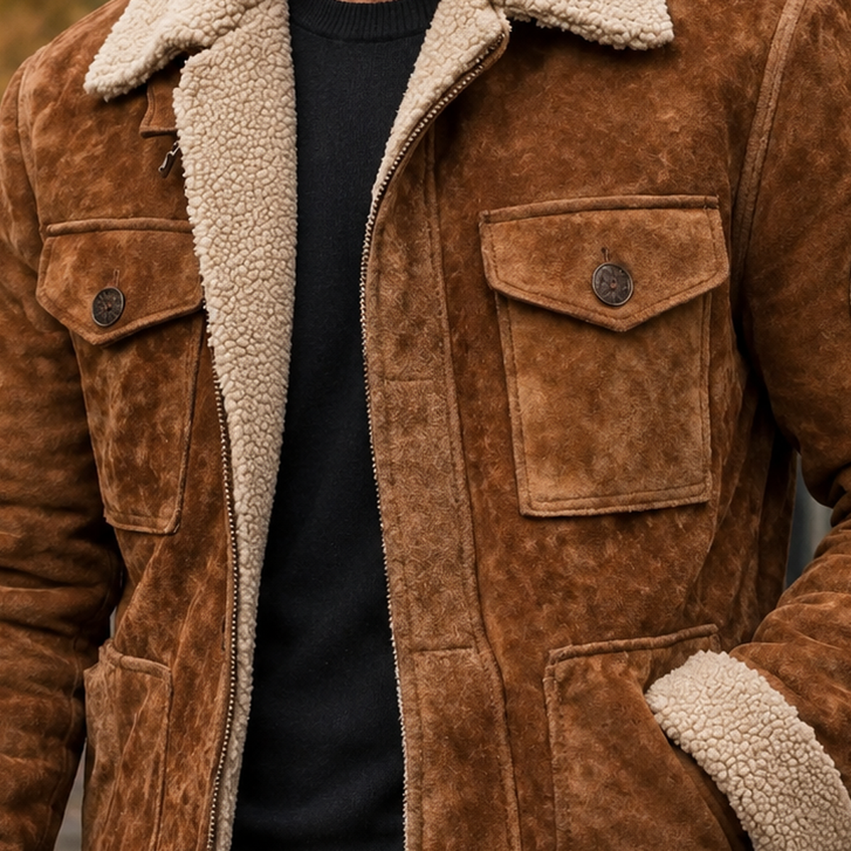 Men's Utility Jacket- Contrast-Collar Multi-Pocket Outerwear