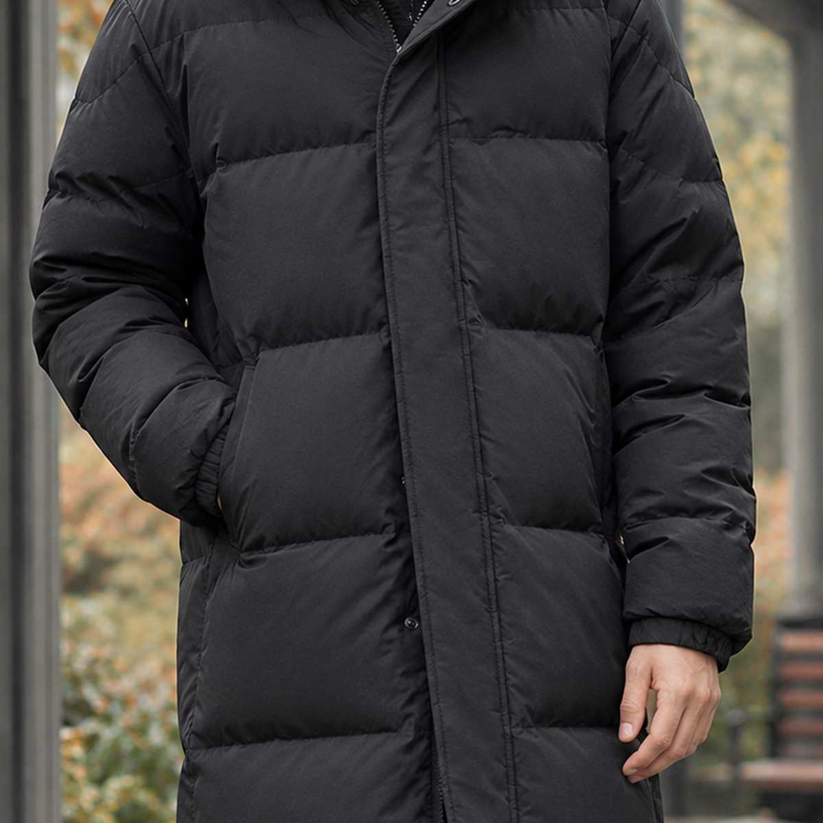 Men's Long Quilted Coat- Hooded Zip-Up Outerwear