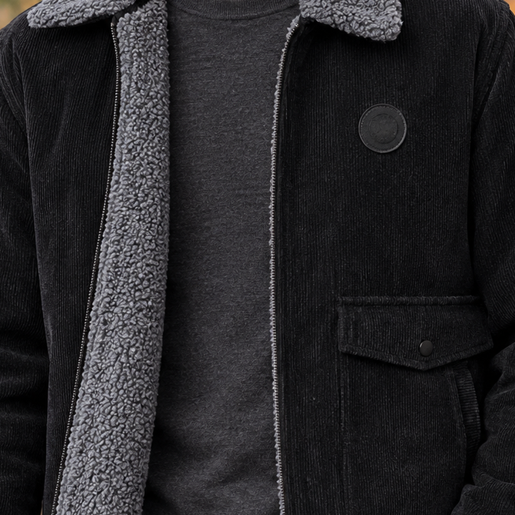Men's Pile-Lined Jacket - Zip-Up Ribbed Outerwear