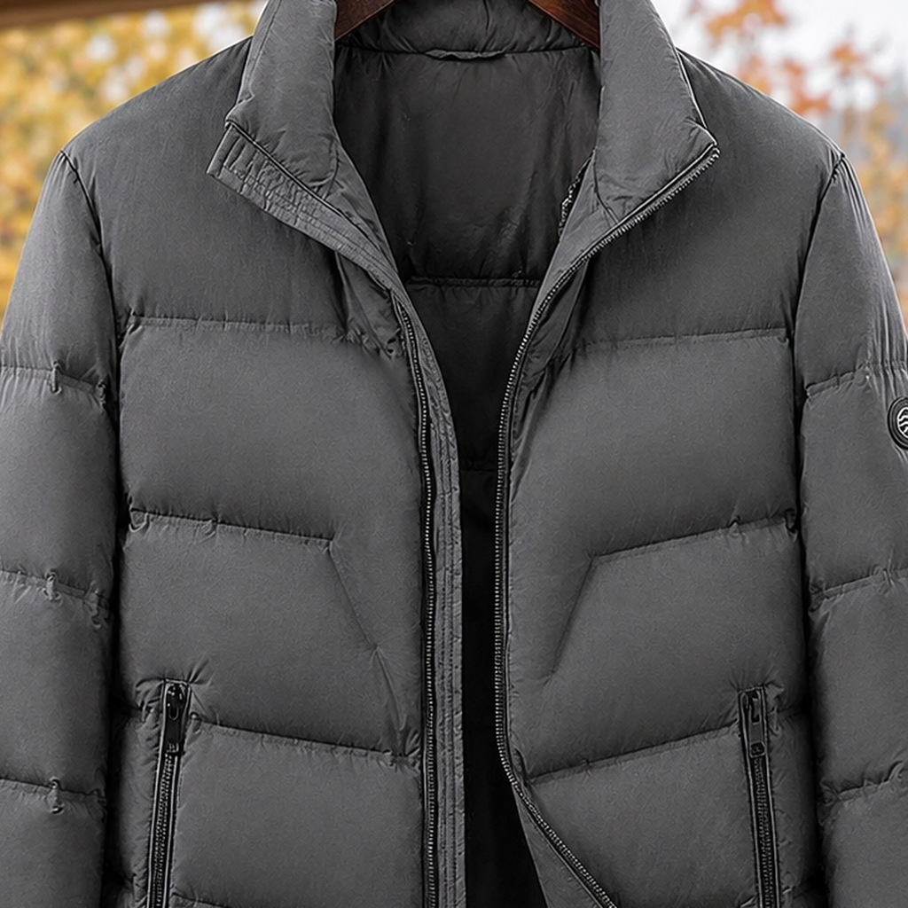 Men's Quilted Puffer Jacket - Stand-Collar Zip-Up Outerwear