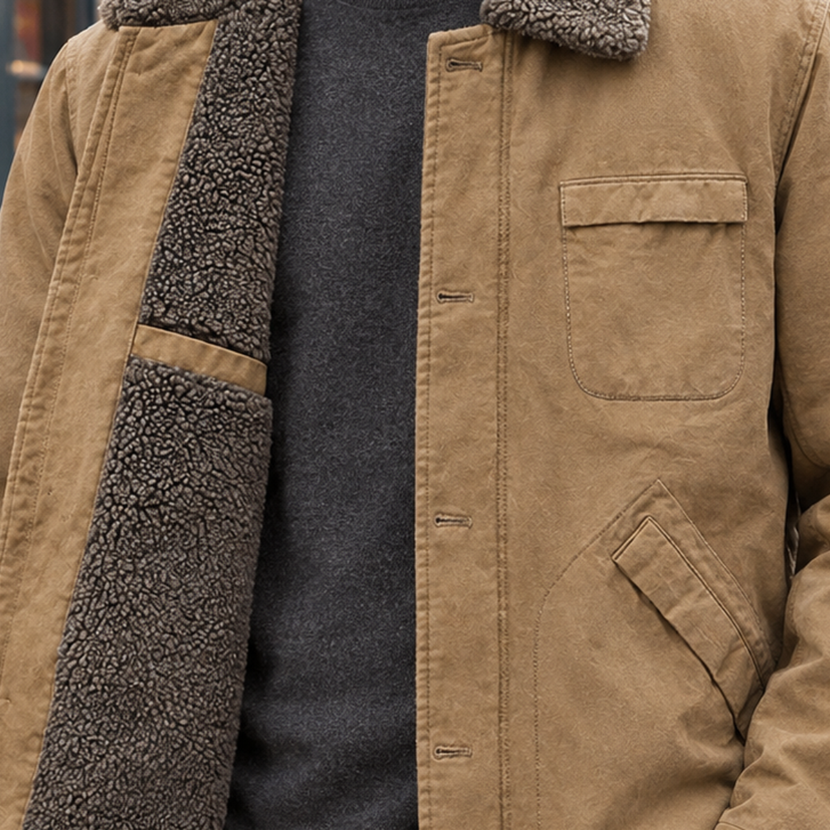 Men's Pile-Lined Jacket - Button-Front Multi-Pocket Outerwear