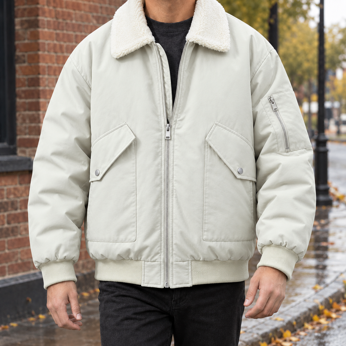 Men's Aviator Jacket - Contrast-Collar Zip-Up Outerwear