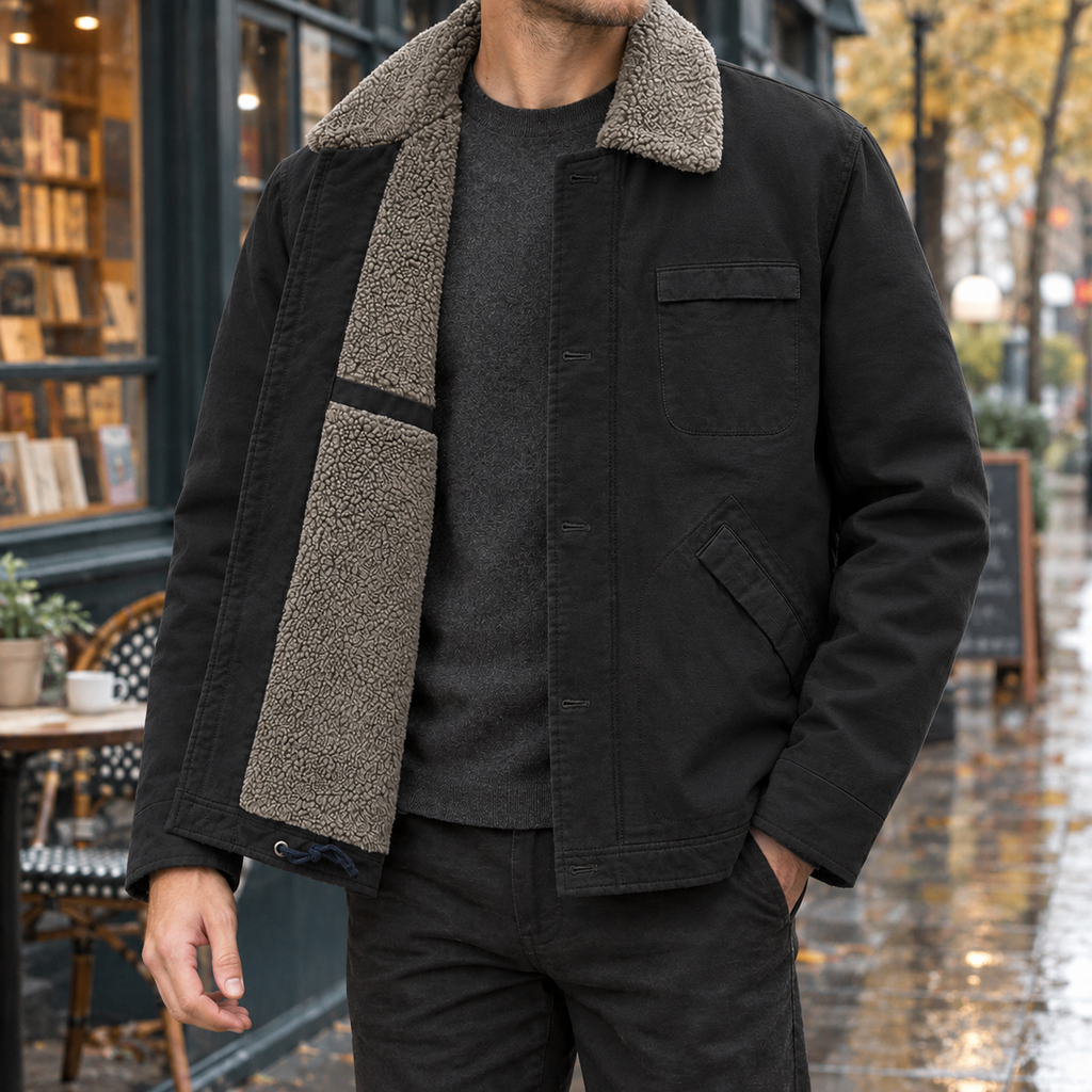 Men's Pile-Lined Jacket - Button-Front Multi-Pocket Outerwear