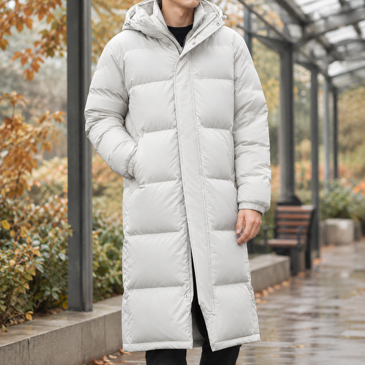 Men's Long Quilted Coat- Hooded Zip-Up Outerwear