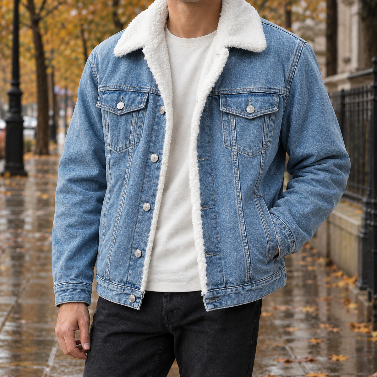 Men's Denim Jacket - Pile-Lined Button-Front Outerwear