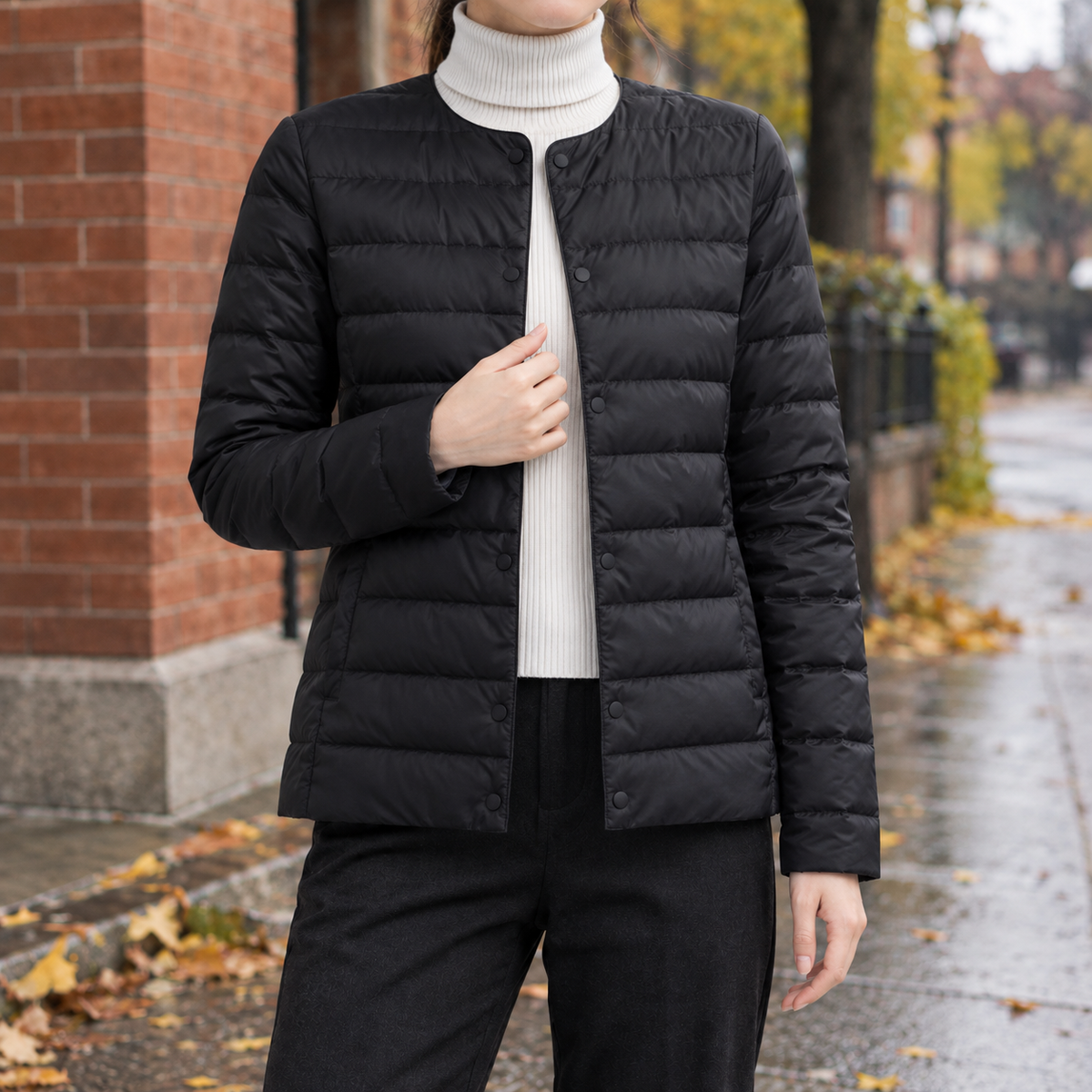 Women's Collarless Quilted Jacket - Snap-Front Outerwear