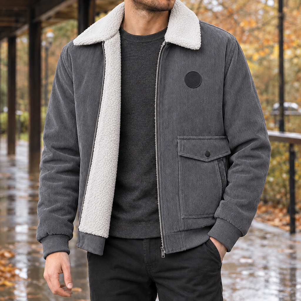 Men's Pile-Lined Jacket - Zip-Up Ribbed Outerwear