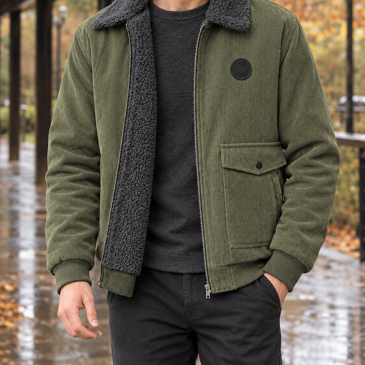 Men's Pile-Lined Jacket - Zip-Up Ribbed Outerwear