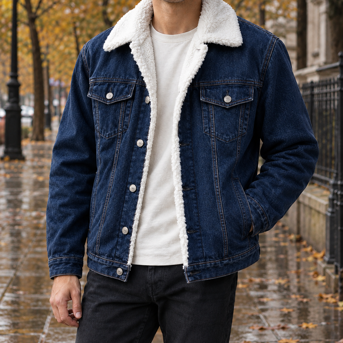 Men's Denim Jacket - Pile-Lined Button-Front Outerwear